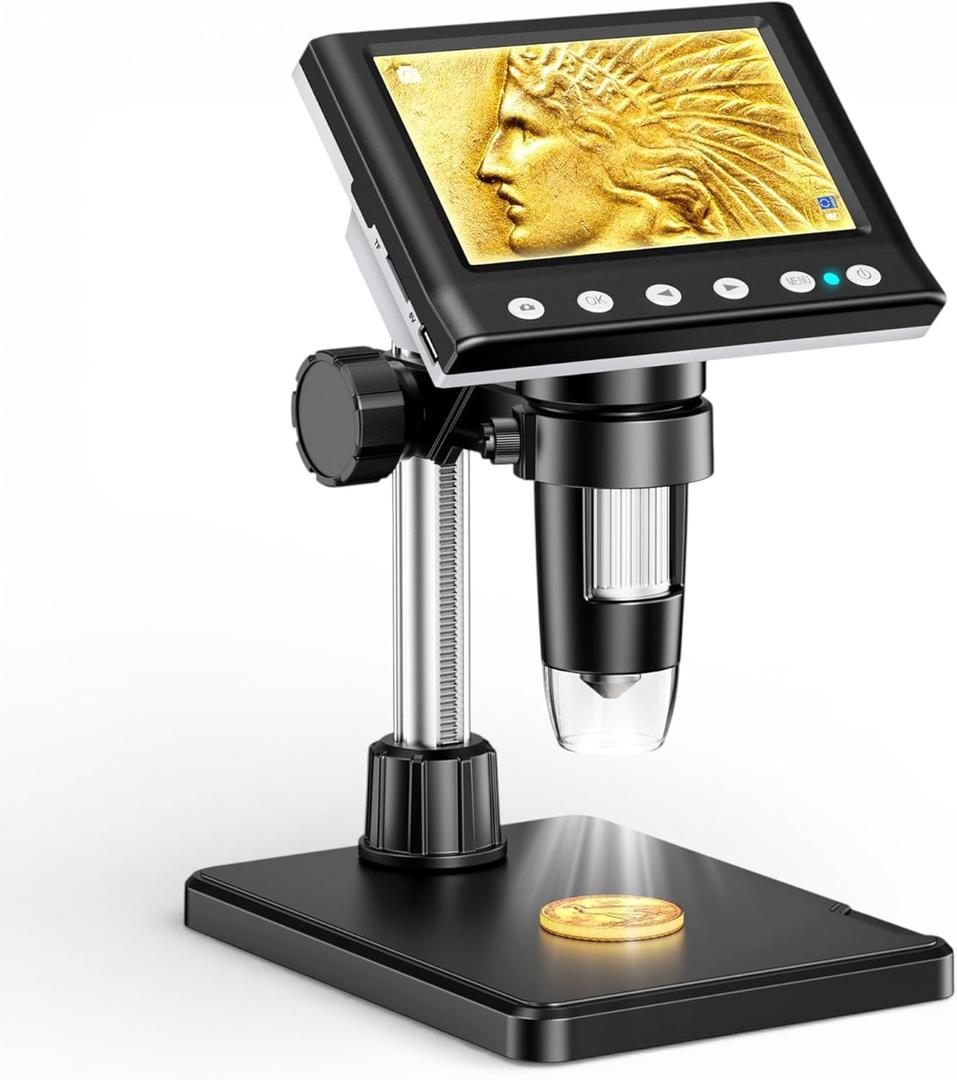 4.3 Inch LCD Digital Coin Microscope, 1000X USB Magnifier with 8 Adjustable LED Lights for Coin Inspection, Electronics Repair, Soldering, Windows/Mac Compatible, 1080P