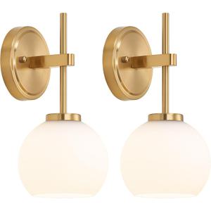 Gold Battery Operated Wall Sconce Set of 2, Wireless Rechargeable Sconces Wall Lighting with Remote Control, LED Dimmable Wall Lights with Opal White Glass Shade, 12 Colors RGB & 3 CCT Bulb