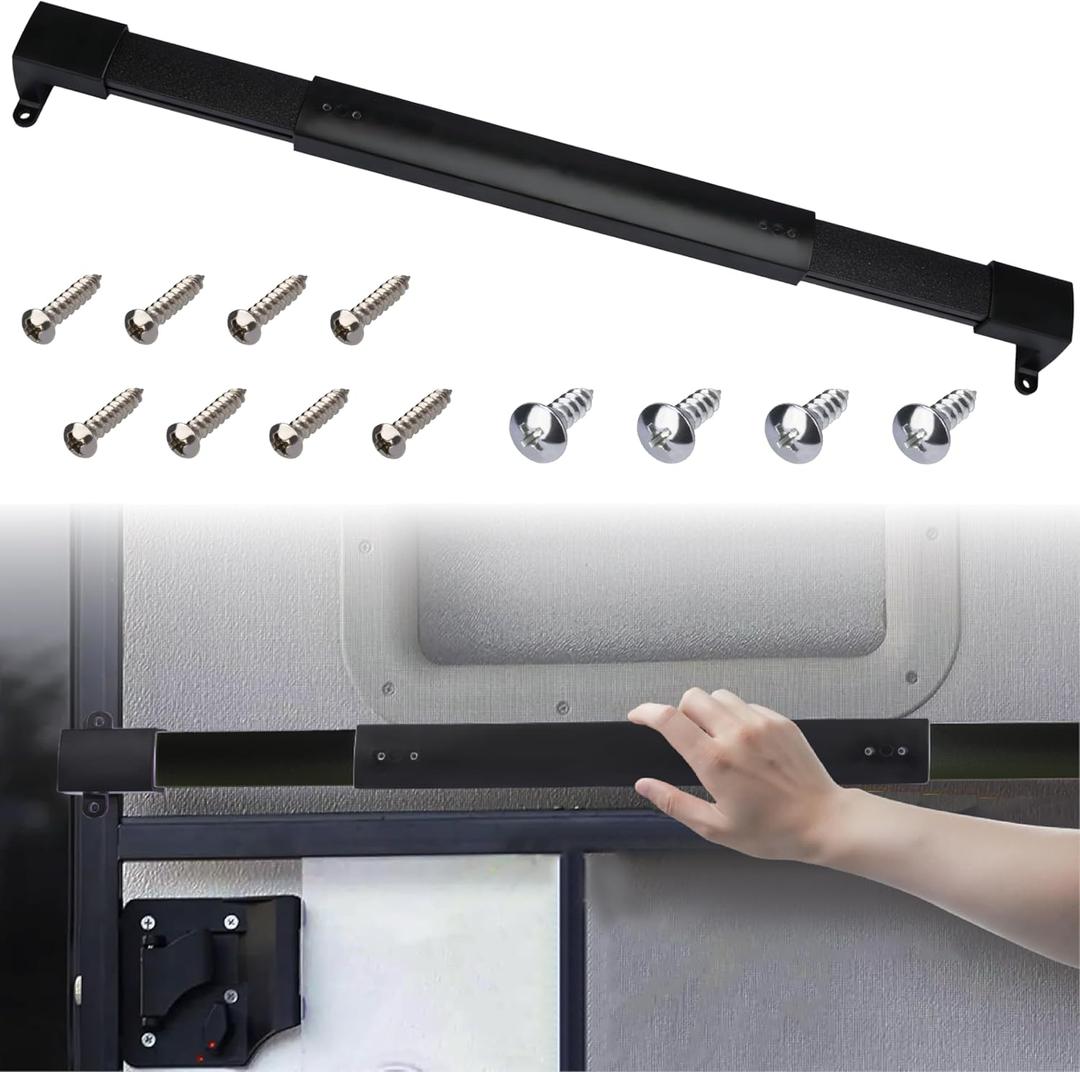 RV Screen Door Handle Grab Bar, RV Screen Door Protector, Push Bar for RV Screen Door, Adjustable from 21-5/8 to 28-5/8 Inch Screen Doors Closer, Camper Screen Door Protector for Travel Trailer (Black)