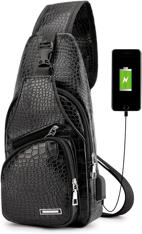 Peicees Leather Sling Bag Mens Crossbody Bag Chest Bag Sling Backpack for Men with USB Charge Port (Medium, Z/Crocodile Grained Leather/Black)