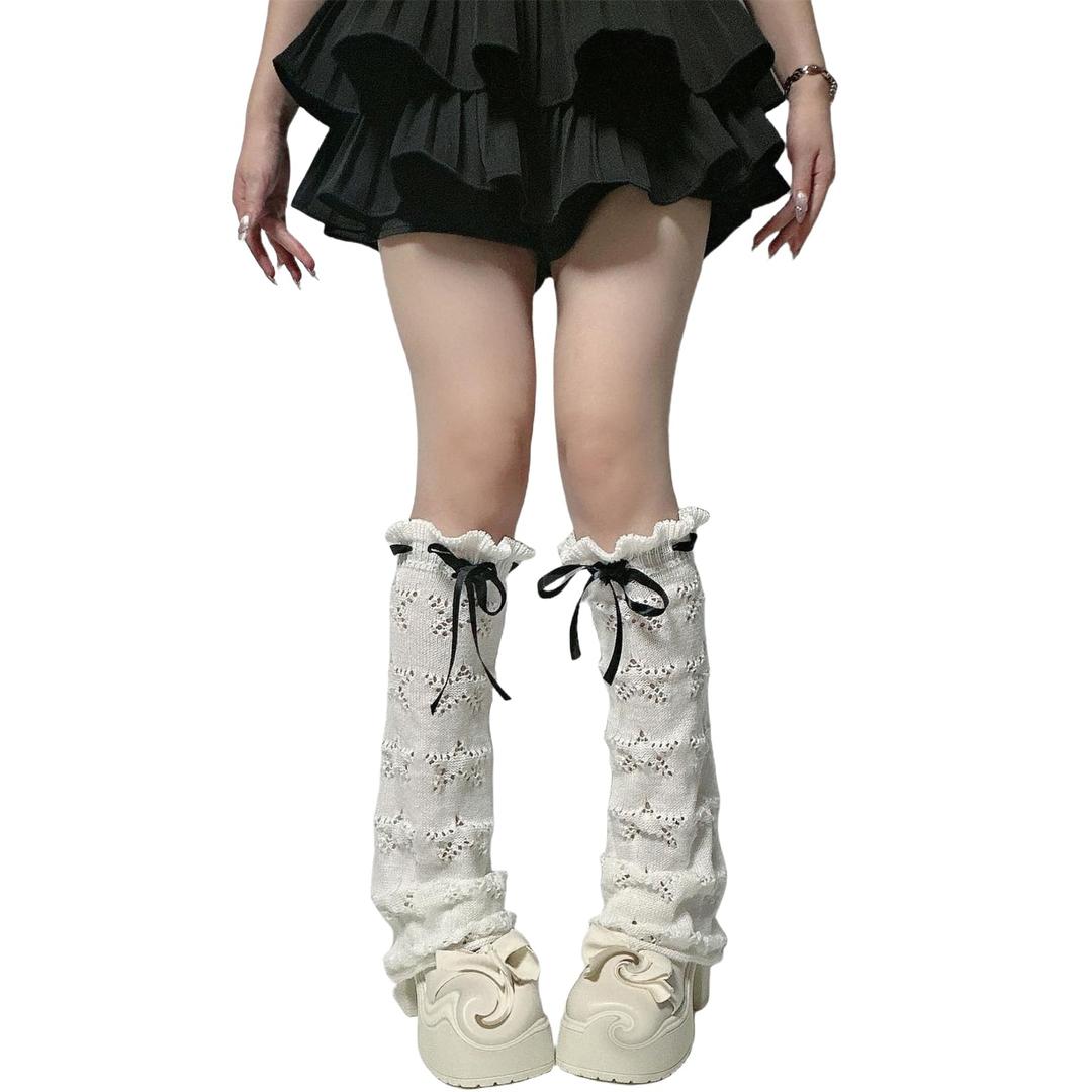 HeiBai Xiong Cute Y2k Harajuku Leg Warmers for Women Japanese Goth Knitted Flare (White)