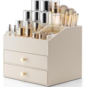VLANDO Makeup Organizer for Vanity,Large Capacity Bathroom Counter Organizer with Drawers,PU Leather Skin Care Storage for Lipstick,Brushes,Perfumes (Beige)