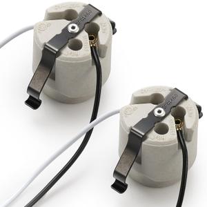 2 Pack U Clip Porcelain Socket, Medium Base E26 Snap in Keyless Ceramic Socket with 6" Black White Dual Wires, 660W 600V for Fixture Lighting