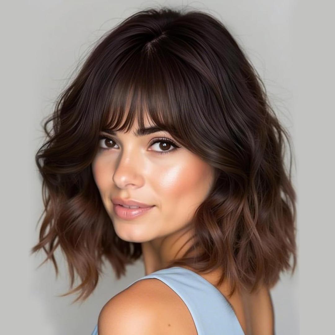 Lativ Dark Brown to Light Brown Wigs with Bangs Short Wavy Curly Wig for Women Shoulder Length 14 Inches Synthetic Resistant Hair for Daily Party Use