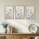 Aryroi Modern Chinoiserie White Daisy Floral Framed Canvas Wall Art Set,Watercolor Natural Beige Wildflower Wall Decor,Textured Minimalist Flower Botanical Artwork for Living Room,Farmhouse-24 x36 x3