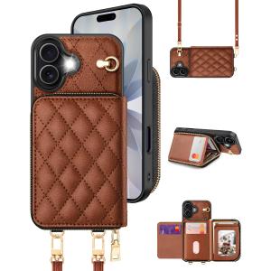 OCASE Compatible with iPhone 17 Crossbody Wallet Case with Card Holder, PU Leather Zipper Handbag Phone Purse with RFID Blocking Kickstand Wrist Strap Lanyard 6.3 Inch, Diamond Check Brown