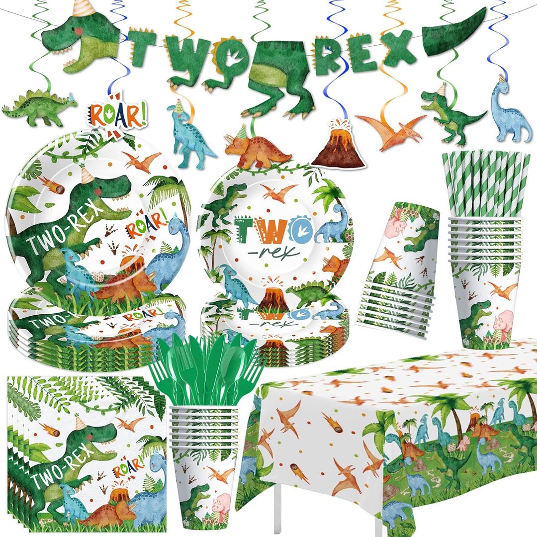 Srua Don Dinosaur 2nd Birthday Party Supplies For Boy, Dino Two Rex Birthday Decorations, Disposable Paper Plates, Cups, Napkins, Tablecloth, Cutlery, Swirls, Banner, Serves 24