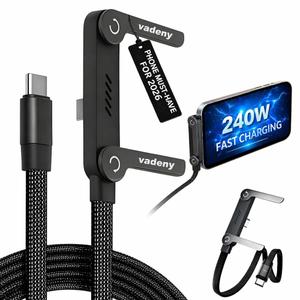 240w USB-C Charge Cable Invisible Holder Sideways Phone Charger with Stand 5 Ft Type-C Fast Flat Braided Multi Folding Side-Entry Charging Data Cord Foldable 90 Degree Right Angle for Phone Tablets