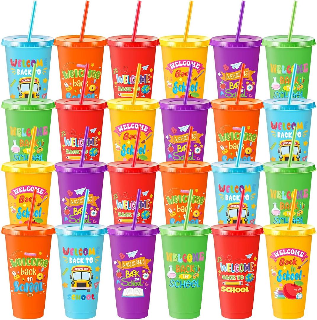 Chuangdi 24 Pcs Welcome Back to School Gift Bulk First Day of School Gift Party Favors 24 oz Plastic Cups with Lid and Straw for Students Kids Teacher Classroom Party Supply