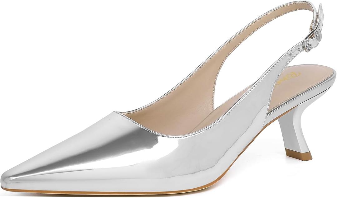 RIBONGZ Silver Kitten Heels for Women Pointed Closed Toe Pumps Patent Leather Low Heel Slingback Heels with Buckle Strappy Comfort Dress Shoes for Dating Wedding Prom Party Working Size 8