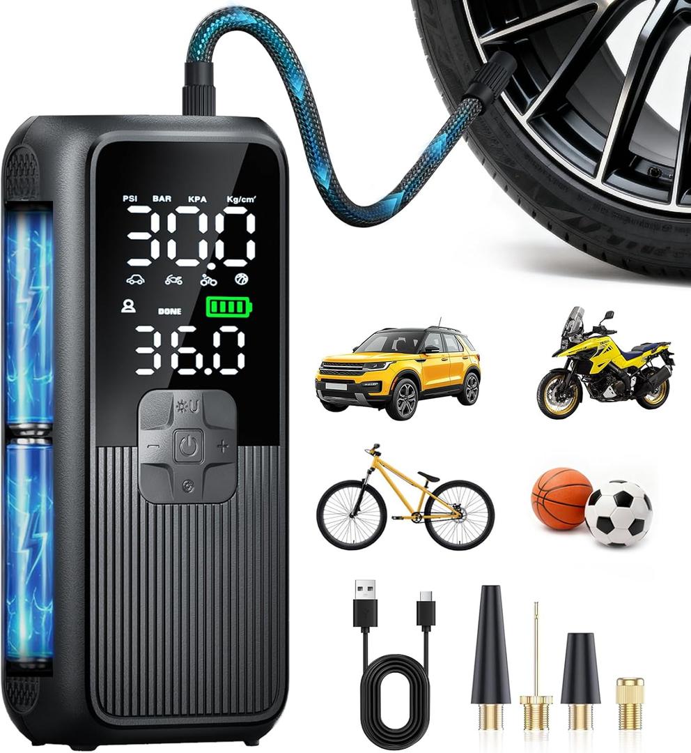 Anycash Tire Inflator Portable Air Compressor, T05 Air Pump for Car, Motorcycle, Bike, Balls with Tires Pressure Gauge, 150PSI Air Compressor Portable, Tires Pump with LED Light & Auto ShutOff