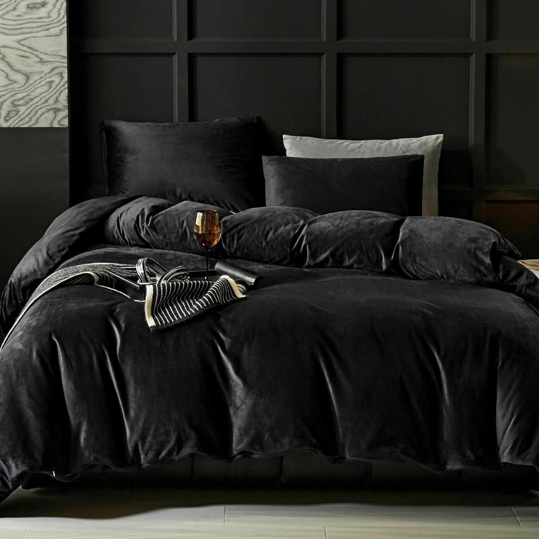 WARMDERN Black Flannel Velvet Duvet Cover Queen Size Duvet Cover Bedding Sets, 3pcs Ultra Soft Luxury Textured Modern Crystal Velvet Duvet Covers with Zipper Closure (Black, Queen)