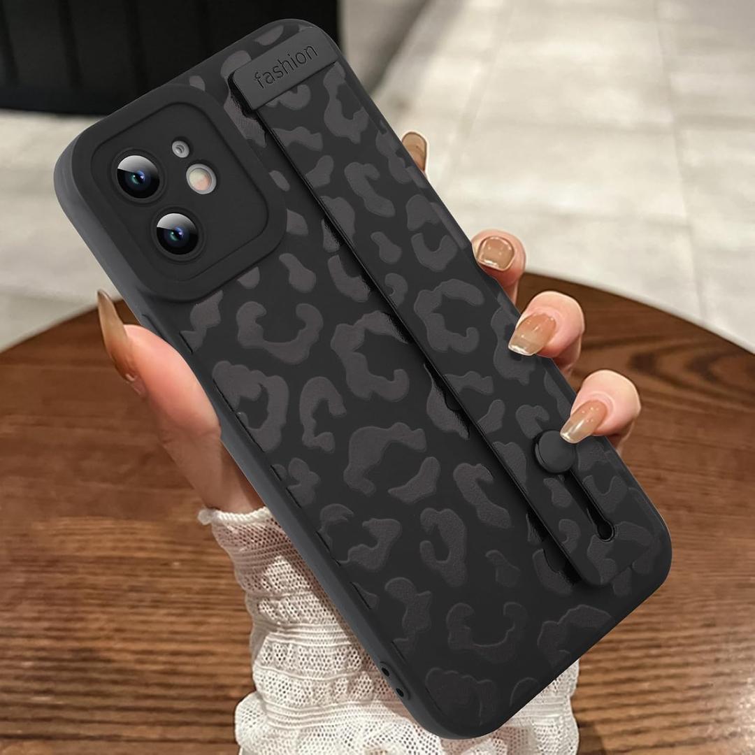 MOWIME Compatible with iPhone 11 Case with Strap Wrist, Cheetah Print Shockproof Soft TPU Protective Cover for Women Girls, Slim Anti Scratch Case for iPhone 11 6.1 Inch, Black