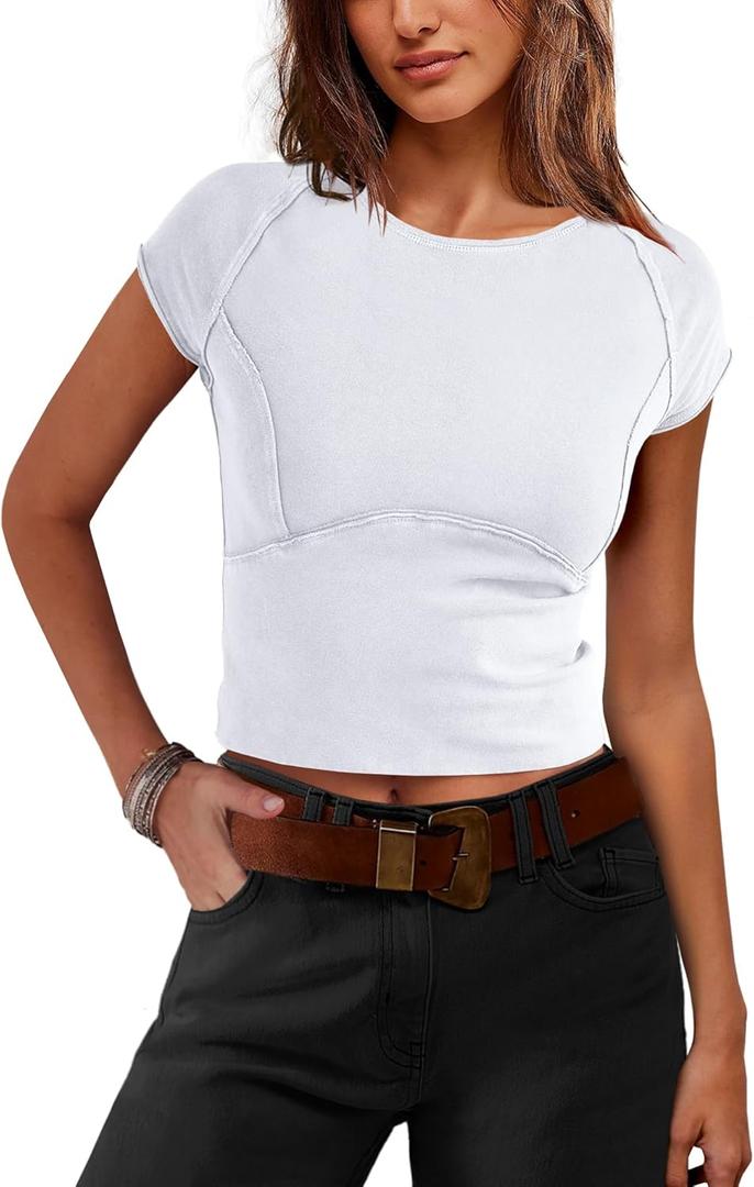 SENSERISE Womens Crop Tops Tight T Shirts Cap Sleeve Basic Tees Slim Fit Baby Tees Y2k Clothes Fall Outfits (X-Small)