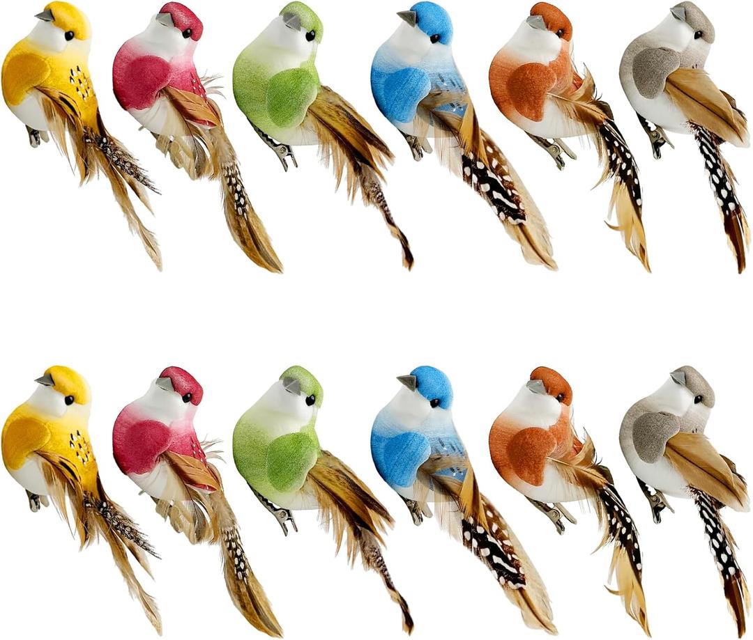 LWINGFLYER 4Inch Fake Birds Clip on Bird Ornaments for Crafts Christmas Tree Decoration Wreaths Decor Floral Arrangements, 12pcs Artificial Simulation Foam Feather Birds