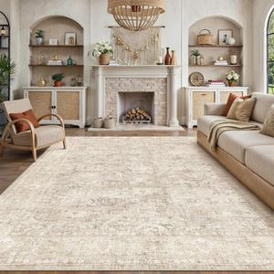 12x15 Beige Area Rug for Living Room Bedroom Neutral Soft Non Slip Rug Low Pile Vintage Distressed Large Carpet for Dining Room Nursery Office Indoor
