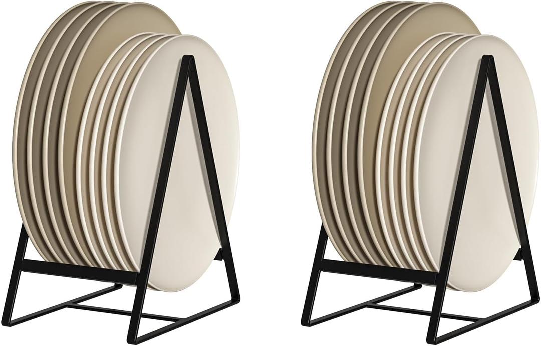 2 Pack Triangle Plate Holders Organizers Large Upright Cabinet Dish Drying Racks Metal Plate Dish Organizers Racks Stands for Countertop and Cupboard Black