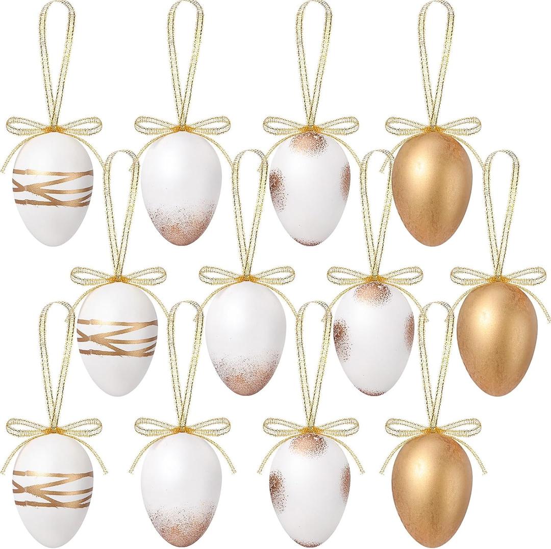 RoundFunny 12 Pcs White Gold Neutral Easter Egg Ornaments Tree Decoration Plastic Speckled Egg Hanging Ornament Bulk 2.36'' Rustic Easter Decorations for Basket DIY Crafts Holiday Party Favors