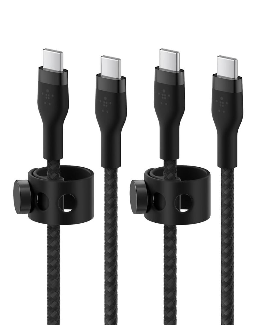 Belkin BoostCharge Pro Flex Braided USB-C to USB-C Charger Cable (6.6ft/2M), USB-IF Certified Fast Charging Cable for iPhone 16 Series, MacBook, Galaxy S25, Nintendo Switch 2 & More - Black (2-Pack)