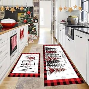 LHLJOYU Merry Christmas Kitchen Mats Set of 2, Red Buffalo Plaid Xmas Trees Winter Decor Low-Profile Non-Slip with Rubber Backing Kitchen Rugs for Floor (Red and Black, 19.7"x31.5"+19.7"x47.3")