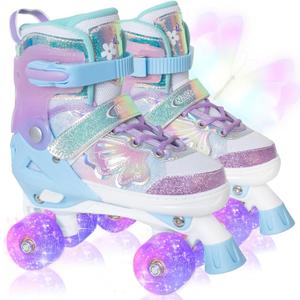 Nattork Kids Roller Skates for Girls Boys Kids, 4 Sizes Adjustable Quad Skates Butterfly and Flower with All Light up Wheels - Birthday Gift for Indoor Outdoor Sports (Large(5-8US), Purple)