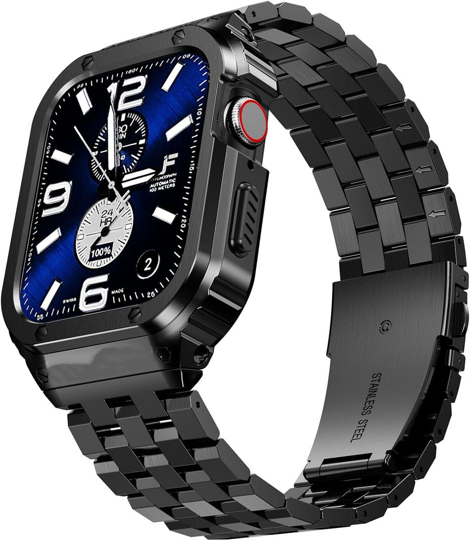 SUPLINK Stainless Steel Case & Band Compatible with Men Apple Watch Band 45mm, Metal Rugged Protective Bumper for iWatch Apple Watch Series 9 8 7 45mm Band, Black