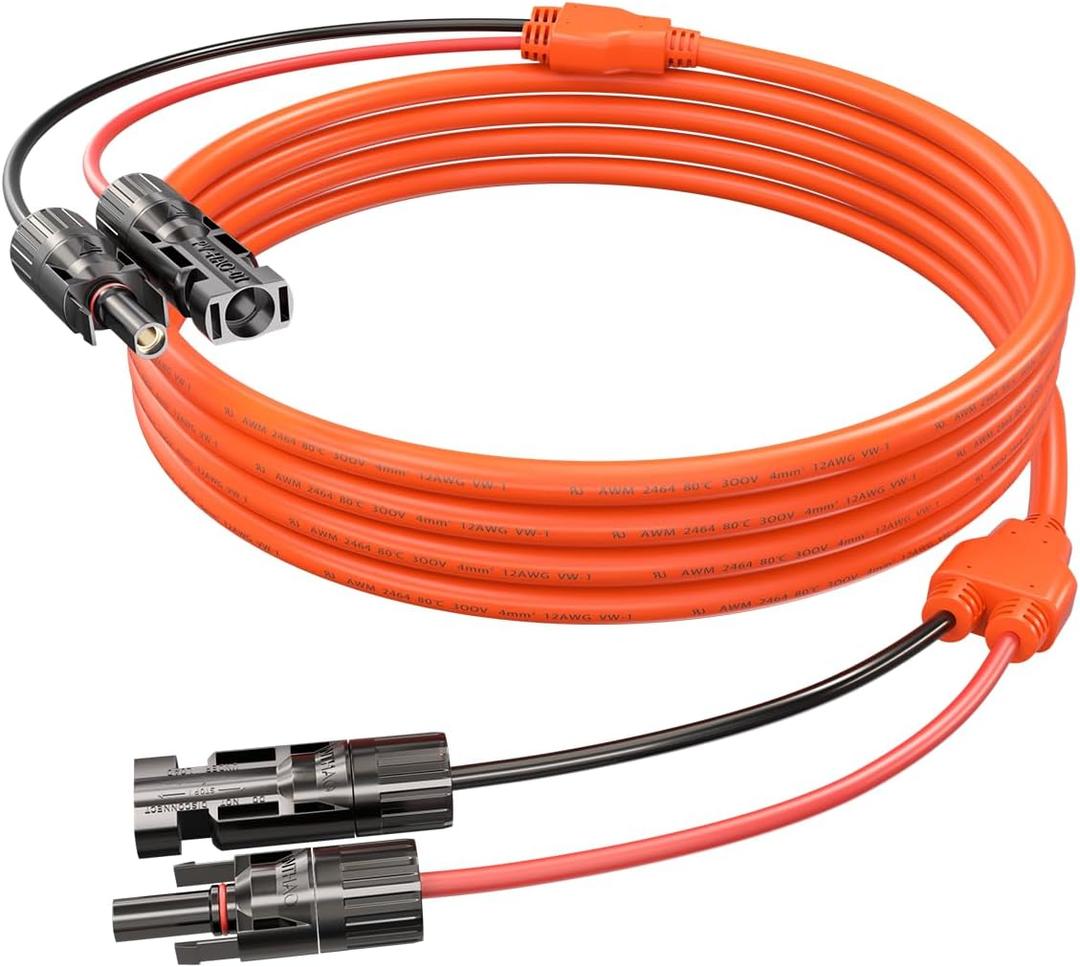 30FT 9M Orange One-Piece Solar Panel Extension Cable, 12AWG 4mm Solar PV Wire with IP68 Female & Male Waterproof Connectors, Flame Retardant Protective Sleeving for Home, RV, Solar Energy Systems