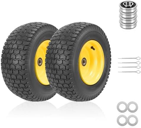 2-Pack 16x6.50-8 Tubeless Front Tires and Wheels, 1-Inch Bearings with Extra 3/4-Inch Bearings, 3" long offset hub, Fits 3/4" and 1" axles, compatible with most John Deere and other riding mowers