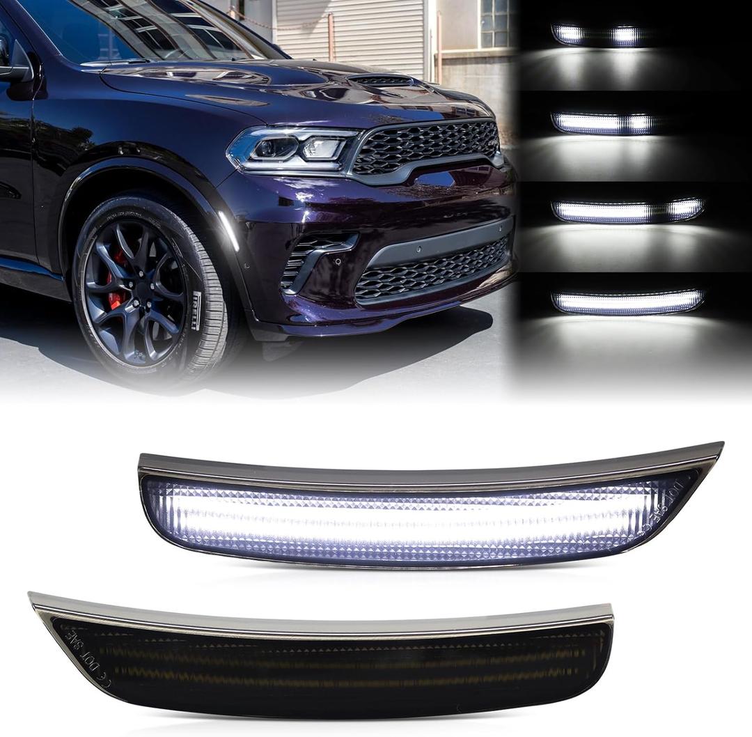 Dynamic LED Side Marker Light for Dodge Durango 2021 2022 2023 2024 2025 2026 Front Bumper Fender White Sequential Turn Signal Assembly, Smoked Lens
