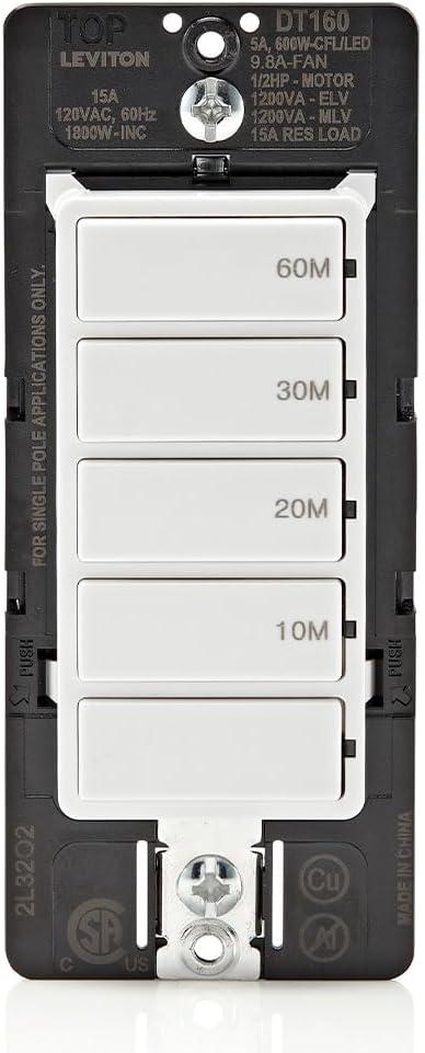 Leviton Countdown Timer Switch for bathroom fan and household lights, 10-20-30-60 min, No Neutral Required, Single Pole, 15A, 1/2HP/9.8A Fan/Motor, DT160-1LW, White (15 Amp)