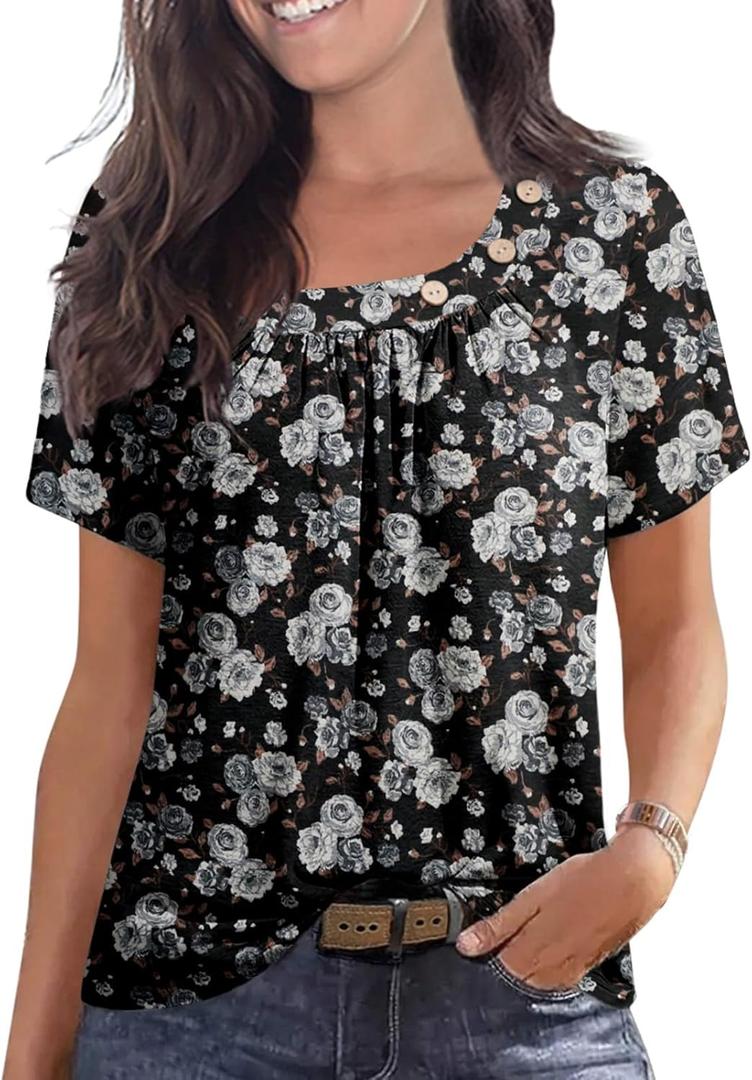PrinStory Womens Short Sleeve Tops Summer Fashion Irregular Neck Knitted Tunic Tops Casual Loose Pullover Shirts (Small, Fp Black Silver Rose)