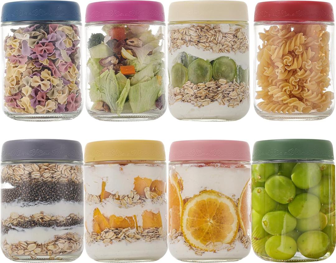 16 OZ Overnight Oats Jars with Lids 8 Pack, Glass Meal Prep Containers, Reusable Food Storage Jars, Airtight Mason Jars for Breakfast, Yogurt Parfait, Salad, Smoothies(8 Pack)