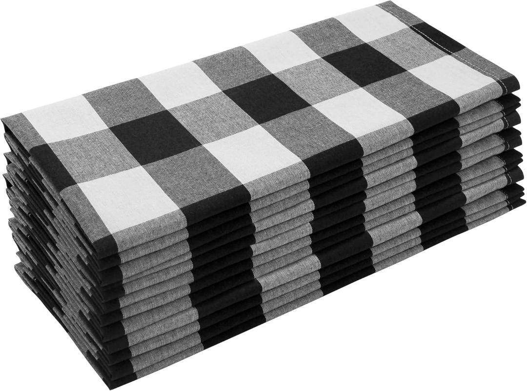 Cotton Blend Buffalo Plaid Table Napkins (Set of 12), 20 x 20 Inch Washable Dinner Napkins, Buffalo Checks Cloth Napkins for Restaurant, Wedding, Holiday, FarmhouseBlack and White (Napkin Set, 20x20", Black & White)