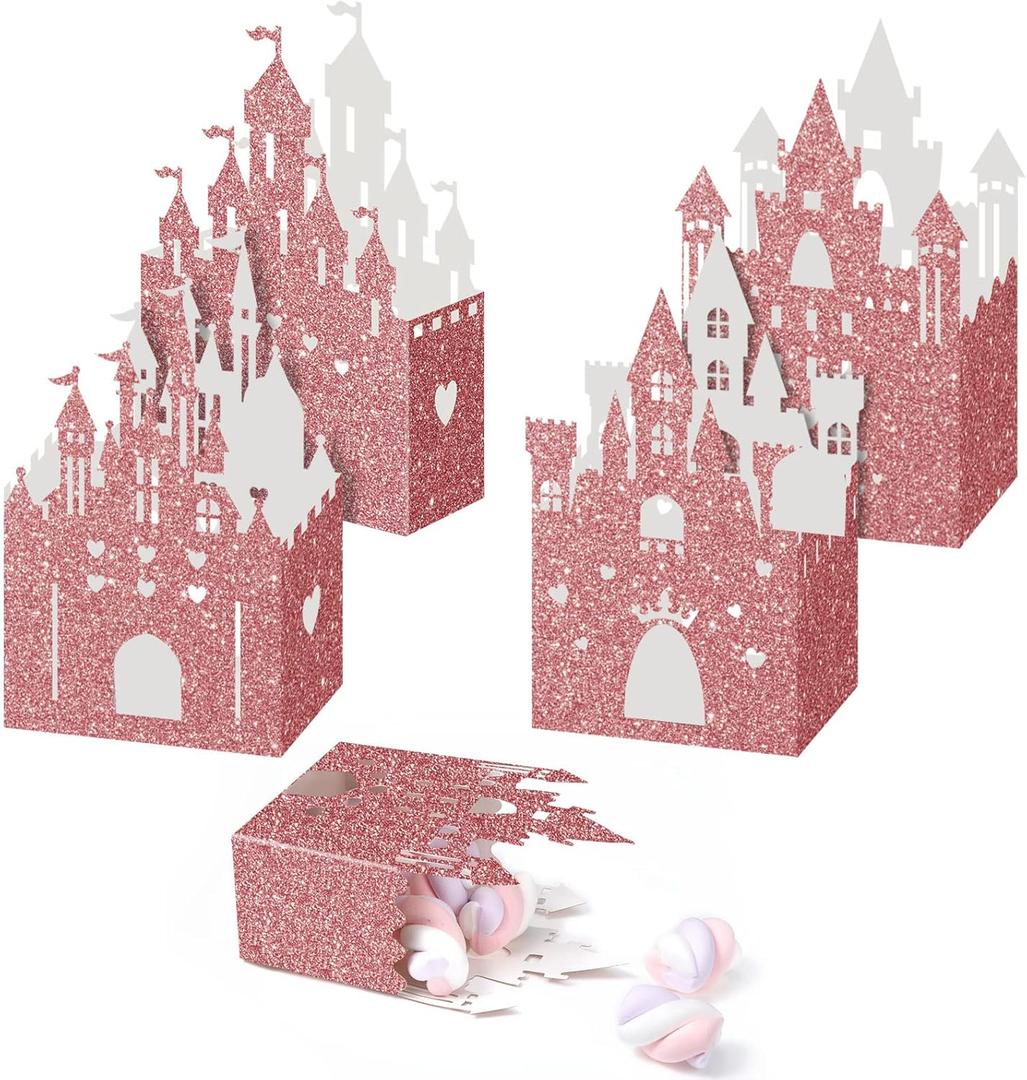 24 Pieces Princess Castle Candy Boxes Glitter Princess Castle Party Decorations Birthday Favor Boxes for Wedding Birthday Party Supplies(Rose Gold)