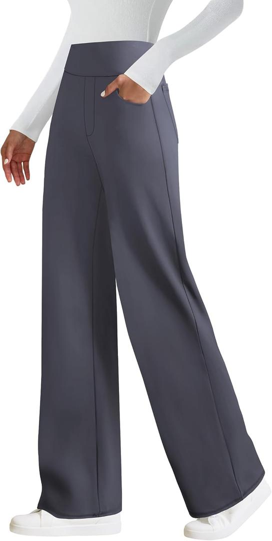 Keriffe Women's Wide Leg Yoga Pants with 4 Pockets High Waist Stretchy Loose Dress Work Casual Sweatpants (Small, Dark Grey)