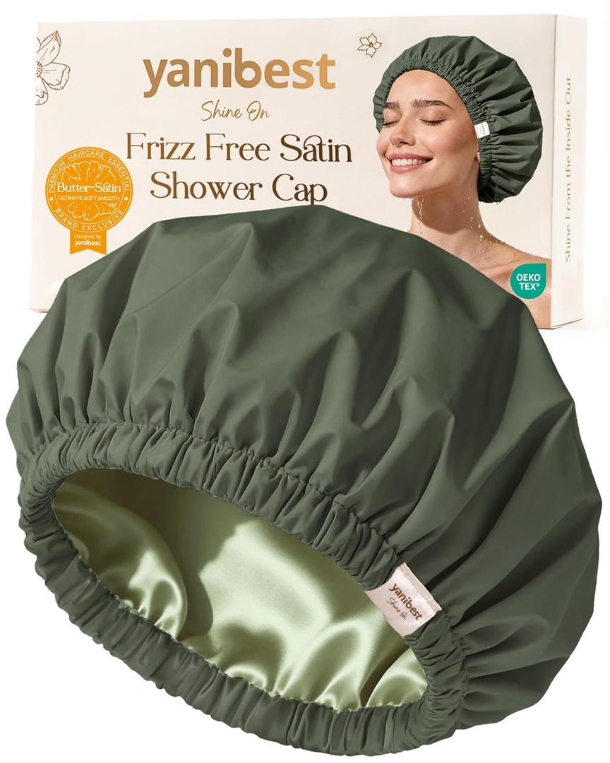 Yanibest Satin Lined Shower Cap for Women Reusable Waterproof, Frizz Free & Large Bath Cap with Soft Elastic Band, Luxury Hair Protection Caps (Green)