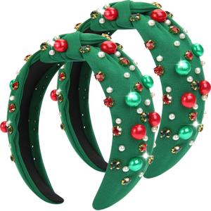 2 x 2Pcs Christmas Headbands for Women - Red Green Pearl Rhinestone Crystal Jeweled Headbands - Fashion Elegant Wide Top Knot Christmas Headband for Holiday Costumes for Women Accessories(Green) (Green)