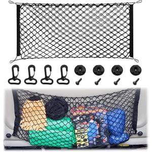 Premium Dual-Layer Nylon Cargo Net-Adjustable Elastic Trunk Storage Net with Hook-Cargo Net for Pickup Truck Bed for SUVs, Cars, and Trucks(35.4x15.7 Inch)