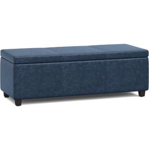 SIMPLIHOME Avalon Storage Ottoman Bench - 48" Wide x 16" High Upholstered Vegan Leather Rectangular Lift-Top Ottoman in Denim Blue, Contemporary Storage Bench for Living Room with High-Density Foam, 18.1"D x 48.4"W x 16.1"H