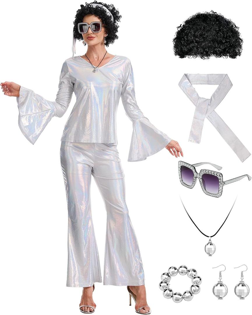 70s Disco Costume for Women-Disco Outfit with Sequin Top & Bell Bottoms,Wig,Earrings,glasses,Necklace,Headband, (Silver, Large)