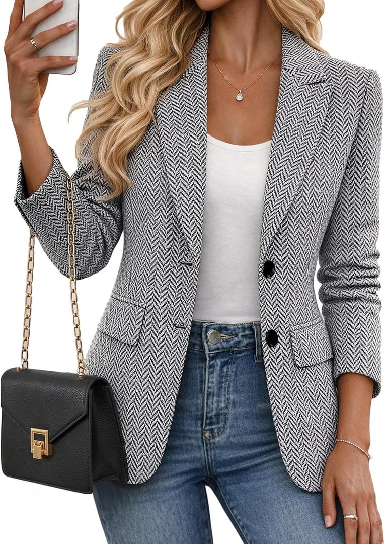 Mina Self 2026 Women's Fall Winter Herringbone Tweed Blazer - Open Front Fully Lined Casual Work Office Jacket Pockets (Medium, 1-black)