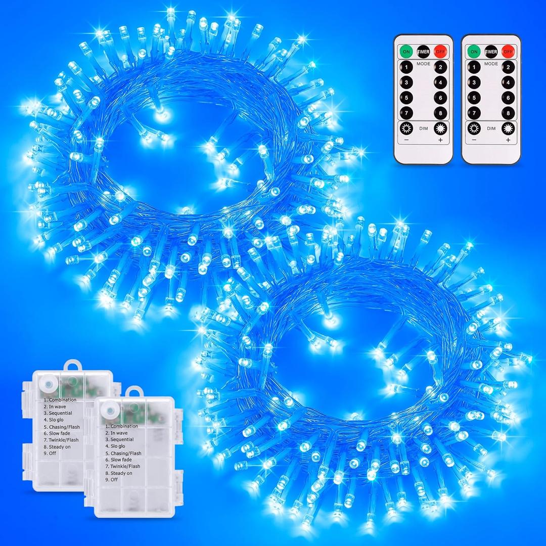 2 Pack Blue Christmas Lights Battery Operated, Total 66ft 200LED Battery Operated Light Outdoor with Remote, 8 Modes LED Christmas Lights Blue for Outside