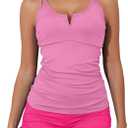 Aleumdr Women's Two Piece Tankini Swimsuit Tummy Control Bathing Suit V Neck Swim Tank Top with Boy shorts (Medium, Color Block Pink)