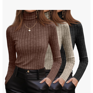3 Pack Women's Turtleneck Sweaters Ribbed Long Sleeve Turtle Neck Top Slim Fitted Knit Lightweight Pullover Sweater M
