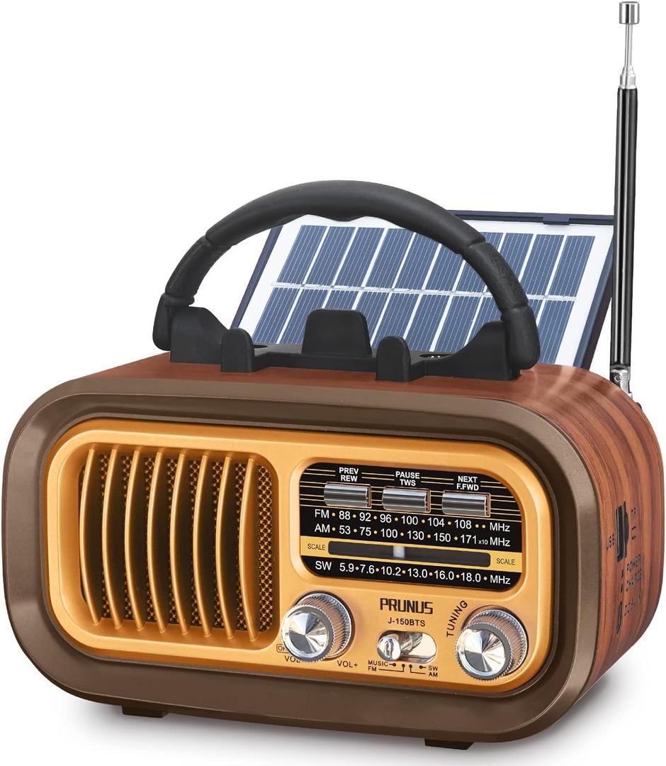 PRUNUS J-150 Portable Radio AM FM SW Bluetooth Speaker, Gifts for Dad and Mom, Retro Radios Vintage Transistor with Best Sound, Solar/D Battery Operated/USB Charging, TWS, Support TF Card/USB Playing