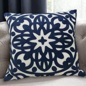 Alysheer Embroidered Decorative Throw Pillow Cover 20"x 20", Boho Mandala Modern Thick Embroidery Pattern, Durable Cotton Canvas Soft Cushion Case for Sofa Couch Bed Living Room (Navy Blue)