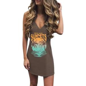 Live Simple Coconut Tree Sleeveless Dress Sunshine Sand Beach Women's Summer Casual V Neck Mini Dress (Large, Brown)