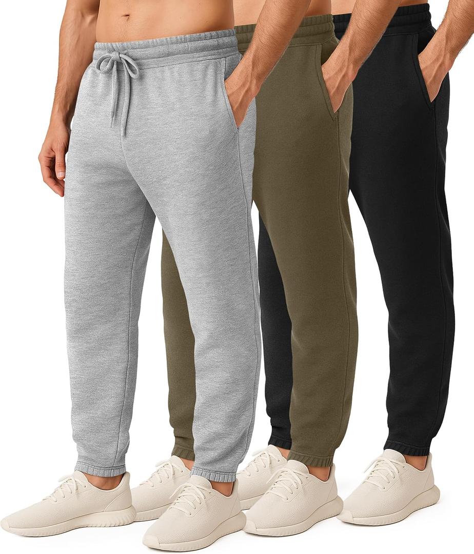 Real Essentials 3 Pack: Men's Cotton Fleece Jogger Sweatpants  Casual Comfy Athletic Pants with Pockets (Big & Tall) (Medium)