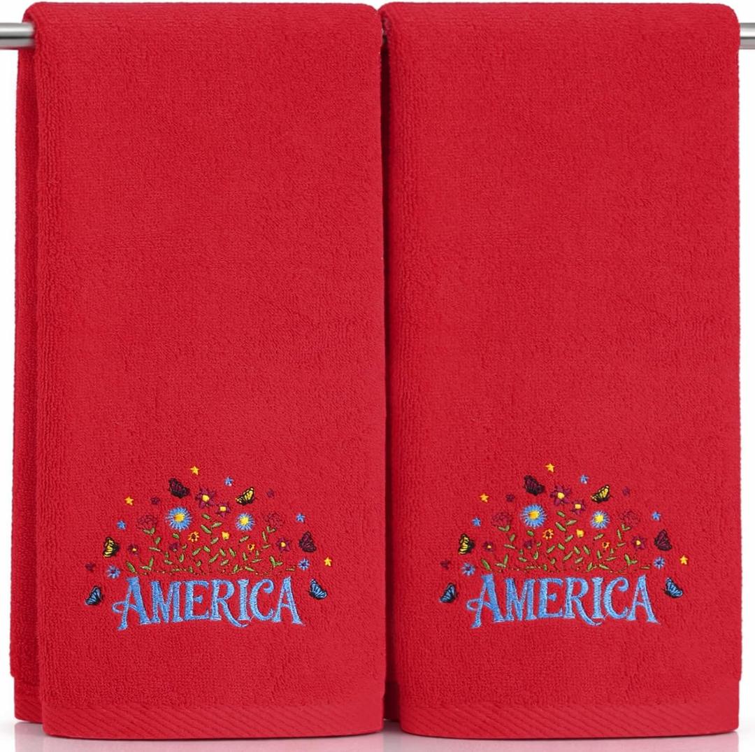 Tudomro 2 Pcs 4th of July Hand Towels Red 100% Cotton Embroidered Red White & Blue America Flower Design 15 x 29 Inches Decorative Bath & Kitchen Towels for USA Patriotic Independence Day 250th