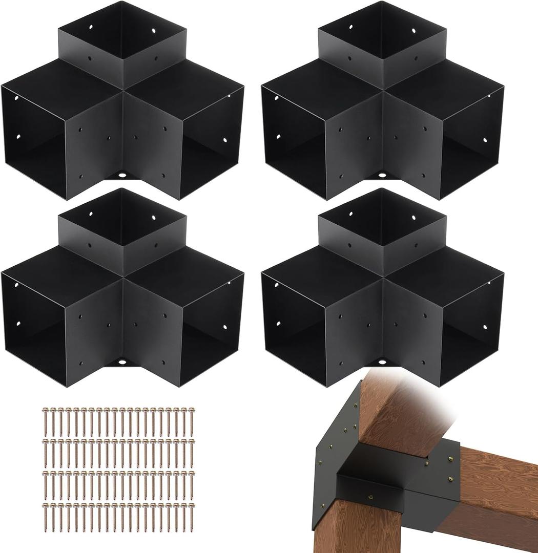 VEVOR Pergola Bracket Kit 6"x6" (Inner 5.6x5.6), 4 Pcs 3-Way Heavy Duty Corner Bracket DIY Post Base for Wooden Beams, Gazebos, Patio Pergolas, Log Cabin & Outdoor Structures